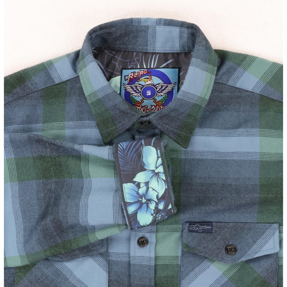 Retro Rifle Shirt Mens Small Blue Green Plaid Flannel Long Sleeve Retro World‎